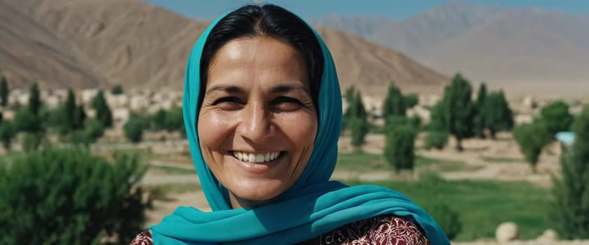 A joyful woman 45 years old from Afghanistan displays a bright smile while wearing traditional clothing. She stands confidently, embodying a sense of peace in her rural community. Generative AI.