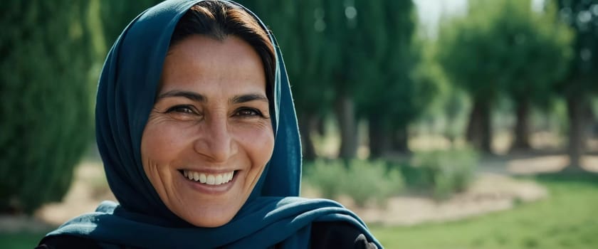 A joyful woman 45 years old from Afghanistan displays a bright smile while wearing traditional clothing. She stands confidently, embodying a sense of peace in her rural community. Generative AI.