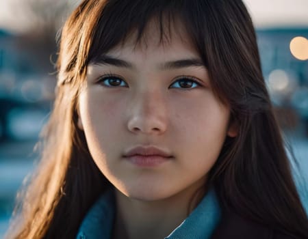 A young girl with long, dark hair and serious expression stands outdoors. A resident of Kazakhstan, a beautiful girl of 15 years old. Schoolgirl, student or applicant. Modern generation. AI generated.