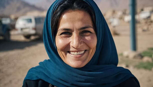 A joyful woman 45 years old from Afghanistan displays a bright smile while wearing traditional clothing. She stands confidently, embodying a sense of peace in her rural community. Generative AI.