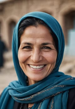 A joyful woman 45 years old from Afghanistan displays a bright smile while wearing traditional clothing. She stands confidently, embodying a sense of peace in her rural community. Generative AI.