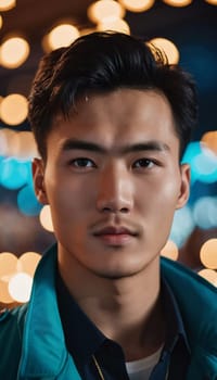 A young man with a confident expression poses against a backdrop of colorful lights at night in urban setting. A resident of Kazakhstan, a cute man of 25 years old. Student or applicant. AI generated.