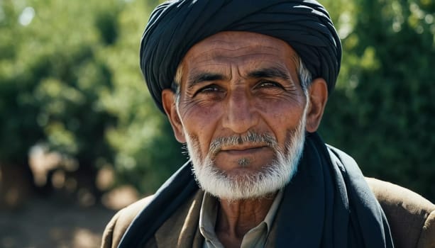 An elderly man from Afghanistan showcases his weathered face, reflecting years of wisdom and resilience against a modest backdrop of nature, embodying the rich culture of his homeland. Generative AI.