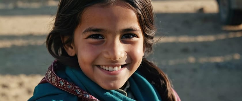 A young cute girl 5 years old from Afghanistan in national clothing smiles, showcasing her traditional attire, her expressive eyes reflecting her surroundings and culture. Generative AI.