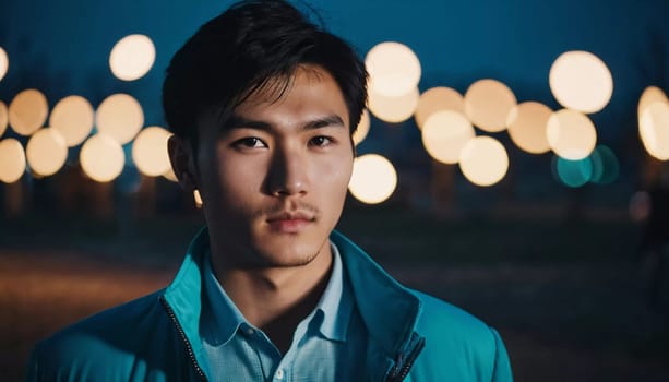 A young man with a confident expression poses against a backdrop of colorful lights at night in urban setting. A resident of Kazakhstan, a cute man of 25 years old. Student or applicant. AI generated.