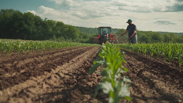 A farmer works with a tractor in a vast field under a bright sky, showcasing agricultural practices.