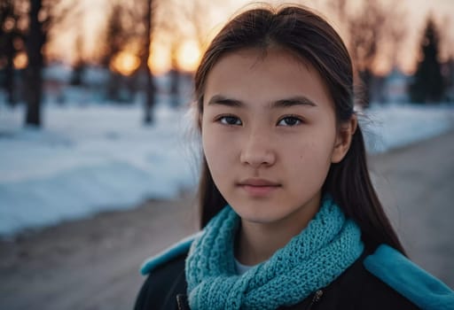 A young girl with long, dark hair and serious expression stands outdoors. A resident of Kazakhstan, a beautiful girl of 15 years old. Schoolgirl, student or applicant. Modern generation. AI generated.