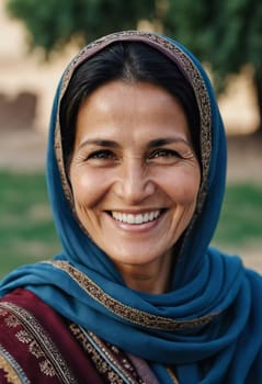 A joyful woman 45 years old from Afghanistan displays a bright smile while wearing traditional clothing. She stands confidently, embodying a sense of peace in her rural community. Generative AI.