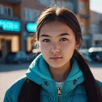 A young girl with long, dark hair and serious expression stands outdoors. A resident of Kazakhstan, a beautiful girl of 15 years old. Schoolgirl, student or applicant. Modern generation. AI generated.