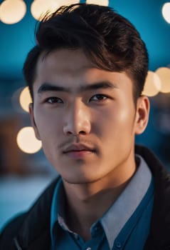 A young man with a confident expression poses against a backdrop of colorful lights at night in urban setting. A resident of Kazakhstan, a cute man of 25 years old. Student or applicant. AI generated.