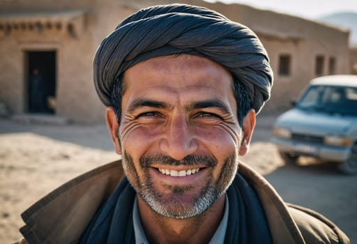 A joyful resident of Afghanistan 45 years old is smiling brightly, embodying the spirit of the region. His traditional attire complements the countryside background. Generative AI