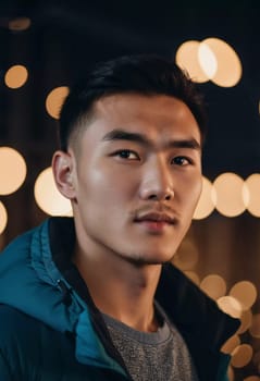 A young man with a confident expression poses against a backdrop of colorful lights at night in urban setting. A resident of Kazakhstan, a cute man of 25 years old. Student or applicant. AI generated.