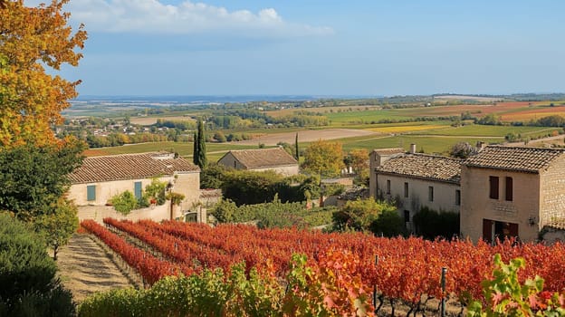 A picturesque autumn vineyard with colorful leaves, traditional stone houses, and expansive countryside views.