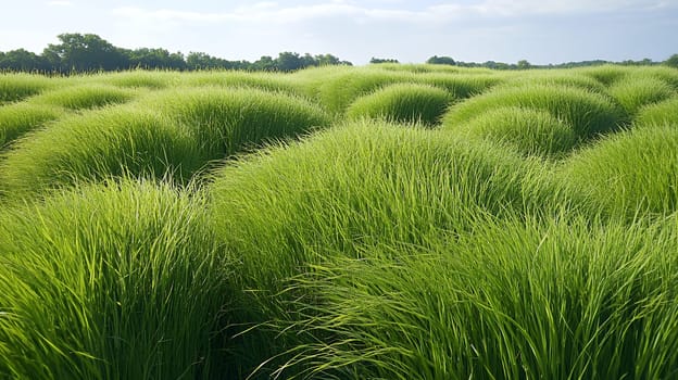 A field of lush green grass mounds creates a wave-like pattern, emphasizing the vibrancy of nature.