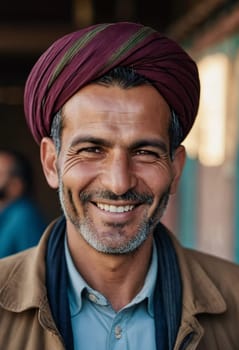 A joyful resident of Afghanistan 45 years old is smiling brightly, embodying the spirit of the region. His traditional attire complements the countryside background. Generative AI
