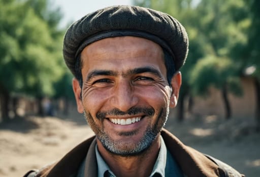 A joyful resident of Afghanistan 45 years old is smiling brightly, embodying the spirit of the region. His traditional attire complements the countryside background. Generative AI