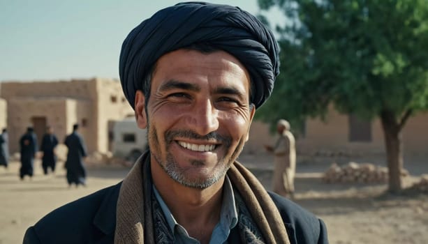 A joyful resident of Afghanistan 45 years old is smiling brightly, embodying the spirit of the region. His traditional attire complements the countryside background. Generative AI
