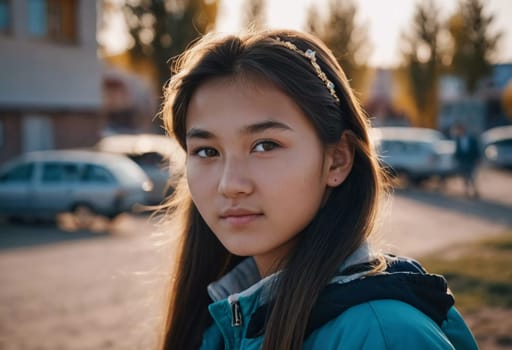A young girl with long, dark hair and serious expression stands outdoors. A resident of Kazakhstan, a beautiful girl of 15 years old. Schoolgirl, student or applicant. Modern generation. AI generated.