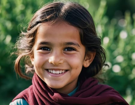 A young cute girl 5 years old from Afghanistan in national clothing smiles, showcasing her traditional attire, her expressive eyes reflecting her surroundings and culture. Generative AI.