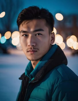 A young man with a confident expression poses against a backdrop of colorful lights at night in urban setting. A resident of Kazakhstan, a cute man of 25 years old. Student or applicant. AI generated.