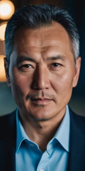 A man with short hair gazes into the camera, exuding confidence and poise. Urban setting. A resident of Kazakhstan, a cute man of 50 years old. A grown man, confident in his abilities. AI generated.