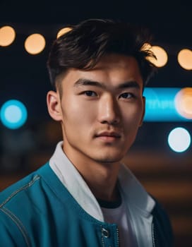 A young man with a confident expression poses against a backdrop of colorful lights at night in urban setting. A resident of Kazakhstan, a cute man of 25 years old. Student or applicant. AI generated.
