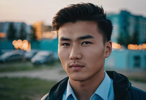 A young man with a confident expression poses against a backdrop of colorful lights at night in urban setting. A resident of Kazakhstan, a cute man of 25 years old. Student or applicant. AI generated.