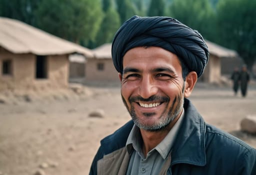 A joyful resident of Afghanistan 45 years old is smiling brightly, embodying the spirit of the region. His traditional attire complements the countryside background. Generative AI
