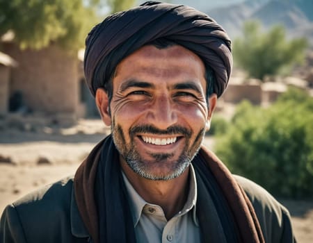 A joyful resident of Afghanistan 45 years old is smiling brightly, embodying the spirit of the region. His traditional attire complements the countryside background. Generative AI