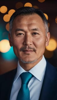 A man with short hair gazes into the camera, exuding confidence and poise. Urban setting. A resident of Kazakhstan, a cute man of 50 years old. A grown man, confident in his abilities. AI generated.