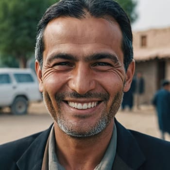 A joyful resident of Afghanistan 45 years old is smiling brightly, embodying the spirit of the region. His traditional attire complements the countryside background. Generative AI