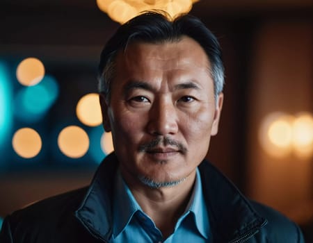 A man with short hair gazes into the camera, exuding confidence and poise. Urban setting. A resident of Kazakhstan, a cute man of 50 years old. A grown man, confident in his abilities. AI generated.