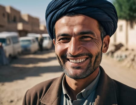 A joyful resident of Afghanistan 45 years old is smiling brightly, embodying the spirit of the region. His traditional attire complements the countryside background. Generative AI