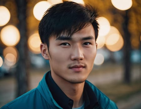 A young man with a confident expression poses against a backdrop of colorful lights at night in urban setting. A resident of Kazakhstan, a cute man of 25 years old. Student or applicant. AI generated.