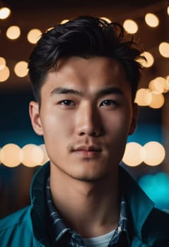 A young man with a confident expression poses against a backdrop of colorful lights at night in urban setting. A resident of Kazakhstan, a cute man of 25 years old. Student or applicant. AI generated.