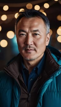 A man with short hair gazes into the camera, exuding confidence and poise. Urban setting. A resident of Kazakhstan, a cute man of 50 years old. A grown man, confident in his abilities. AI generated.