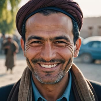 A joyful resident of Afghanistan 45 years old is smiling brightly, embodying the spirit of the region. His traditional attire complements the countryside background. Generative AI