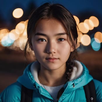 A young girl with long, dark hair and serious expression stands outdoors. A resident of Kazakhstan, a beautiful girl of 15 years old. Schoolgirl, student or applicant. Modern generation. AI generated.