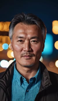 A man with short hair gazes into the camera, exuding confidence and poise. Urban setting. A resident of Kazakhstan, a cute man of 50 years old. A grown man, confident in his abilities. AI generated.