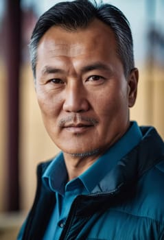 A man with short hair gazes into the camera, exuding confidence and poise. Urban setting. A resident of Kazakhstan, a cute man of 50 years old. A grown man, confident in his abilities. AI generated.