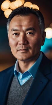 A man with short hair gazes into the camera, exuding confidence and poise. Urban setting. A resident of Kazakhstan, a cute man of 50 years old. A grown man, confident in his abilities. AI generated.