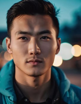A young man with a confident expression poses against a backdrop of colorful lights at night in urban setting. A resident of Kazakhstan, a cute man of 25 years old. Student or applicant. AI generated.