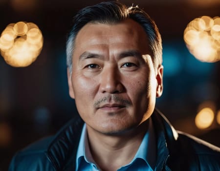 A man with short hair gazes into the camera, exuding confidence and poise. Urban setting. A resident of Kazakhstan, a cute man of 50 years old. A grown man, confident in his abilities. AI generated.