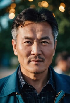 A man with short hair gazes into the camera, exuding confidence and poise. Urban setting. A resident of Kazakhstan, a cute man of 50 years old. A grown man, confident in his abilities. AI generated.