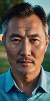 A man with short hair gazes into the camera, exuding confidence and poise. Urban setting. A resident of Kazakhstan, a cute man of 50 years old. A grown man, confident in his abilities. AI generated.