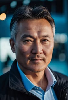 A man with short hair gazes into the camera, exuding confidence and poise. Urban setting. A resident of Kazakhstan, a cute man of 50 years old. A grown man, confident in his abilities. AI generated.