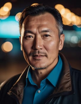 A man with short hair gazes into the camera, exuding confidence and poise. Urban setting. A resident of Kazakhstan, a cute man of 50 years old. A grown man, confident in his abilities. AI generated.