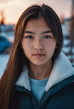 A young girl with long, dark hair and serious expression stands outdoors. A resident of Kazakhstan, a beautiful girl of 15 years old. Schoolgirl, student or applicant. Modern generation. AI generated.