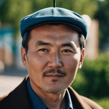 A man with short hair gazes into the camera, exuding confidence and poise. Urban setting. A resident of Kazakhstan, a cute man of 50 years old. A grown man, confident in his abilities. AI generated.