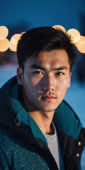 A young man with a confident expression poses against a backdrop of colorful lights at night in urban setting. A resident of Kazakhstan, a cute man of 25 years old. Student or applicant. AI generated.